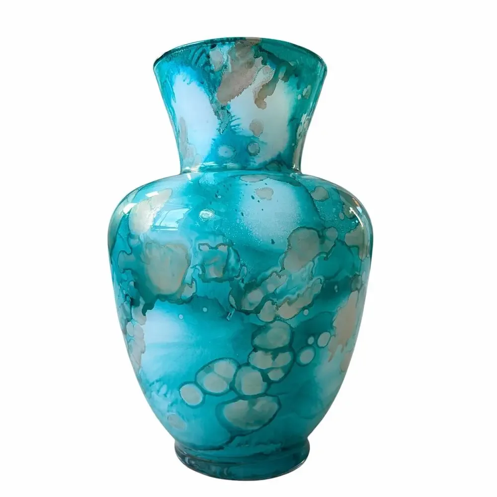 Italian Murano Turquoise Watercolor Art Glass Vase 10.5in Hand Blown NEW